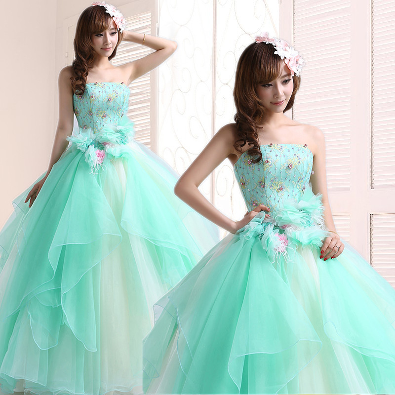 Quinceanera Dresses 2016 New Light Green Lace Flower Strapless Long ...