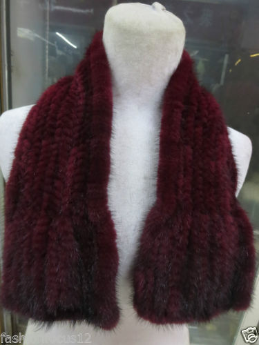 Brand New Women's Real Mink Fur Stickad Scarf Wine Red Fashion