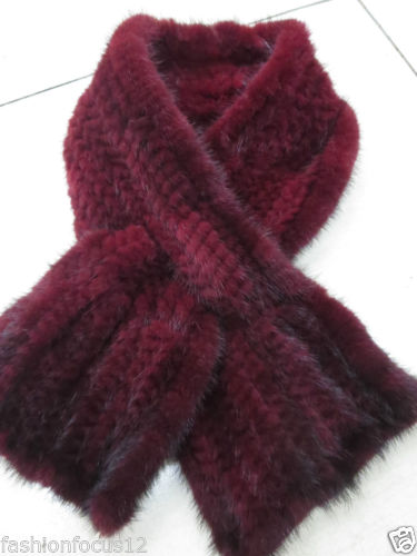 Brand New Women's Real Mink Fur Stickad Scarf Wine Red Fashion