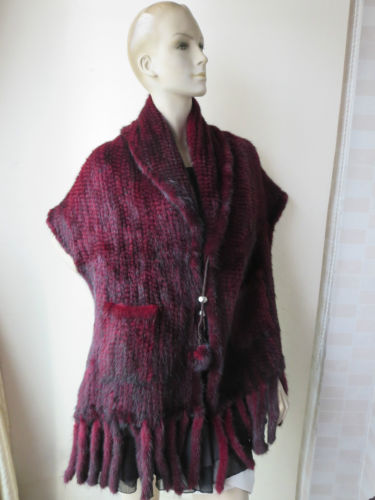 bright elegant american mink fur knitted lantern cape shawls poncho wine red