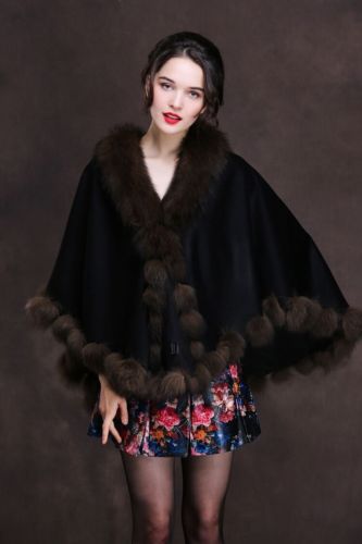 Opulent Colourful Real Fox Fur shawls pashm poncho Cape/Coat/Wrap black with brown