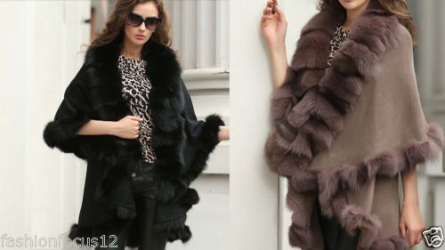 Women's Sophisticated Real fox Fur shawls burrs Knitted elastic poncho/cape/shawl black/khaki