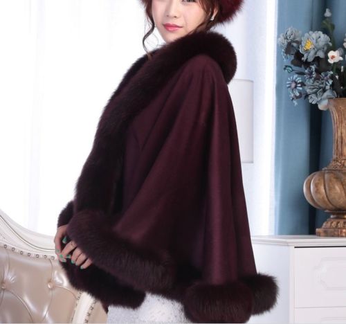 Real Fox Fur Opulent Sophisticated pashm Cloak poncho Cape/Coat/Wrap purple