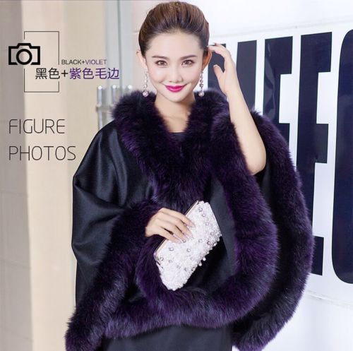 Opulent Women's Winter Real Fox Fur shawls pashm Cloak poncho Cape/Coat/Wrap black Warm Soft