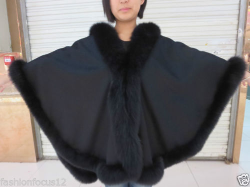 Elegancja Extra Duża Real Fox Fur Pashm Cloak Poncho Cape / Coat / Wrap Black