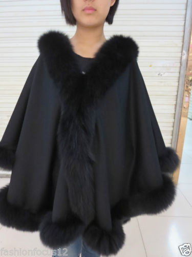 Elegancja Extra Duża Real Fox Fur Pashm Cloak Poncho Cape / Coat / Wrap Black