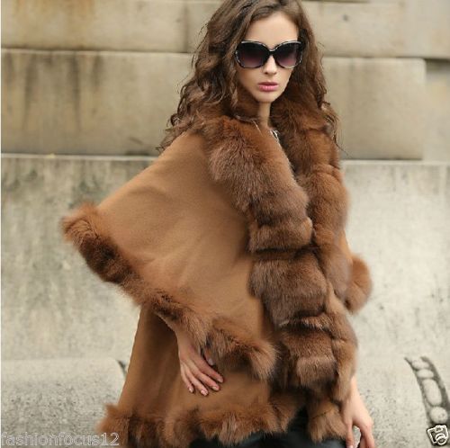 Abrigo de piel de zorro de cachemira auténtica de estilo opulento de invierno para mujer/capa Poncho/chal