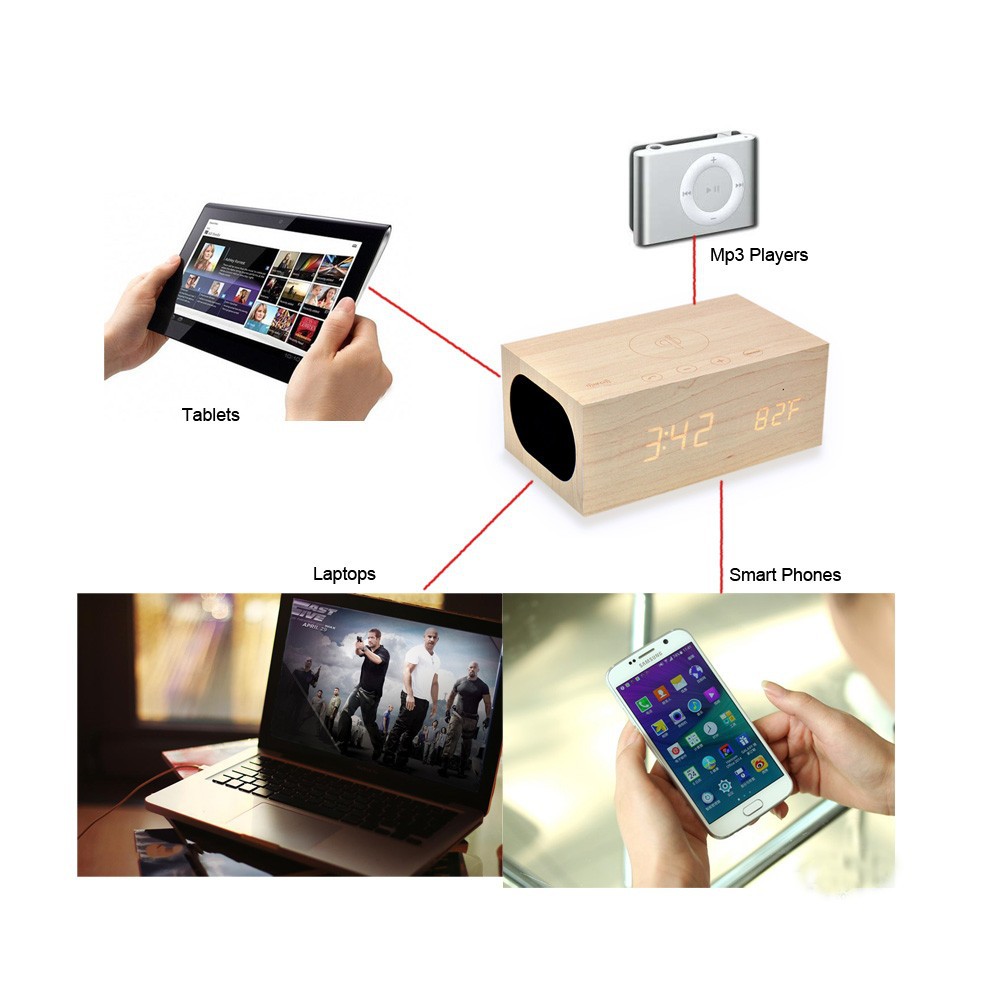 Wooden Clock X5 QI Wireless Charging Wood Clock Bluetooth Speaker With