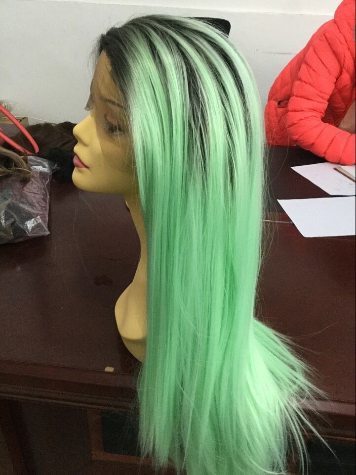 Hot Sale Ombre Mint Green Long Silk Straight Synthetic Lace Front