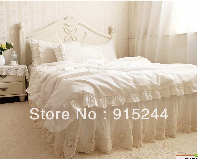 Pink Ruffle Princess Cotton Duvet Cover Wedding Bedding Set Queen