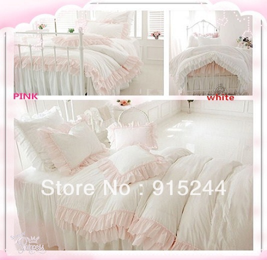 Pink Ruffle Princess Cotton Duvet Cover Wedding Bedding Set Queen
