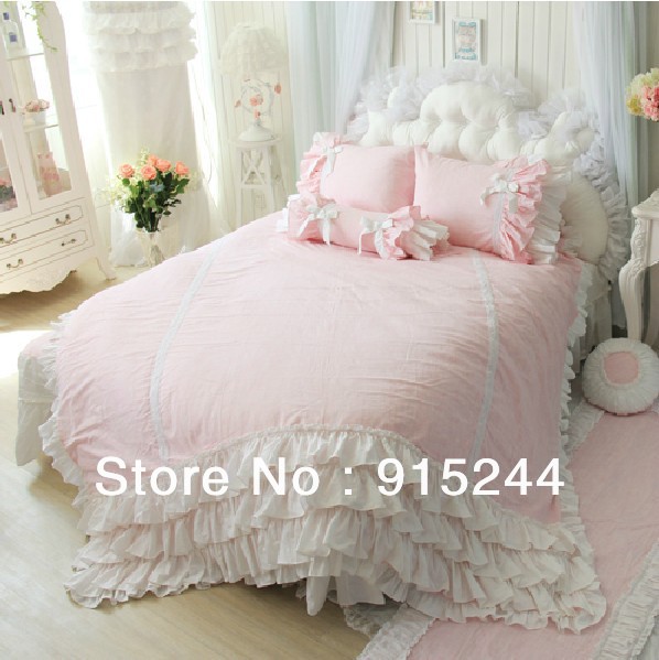 White Ruffle Wedding Queen Bedding Set King Size Pink Lace Rustic