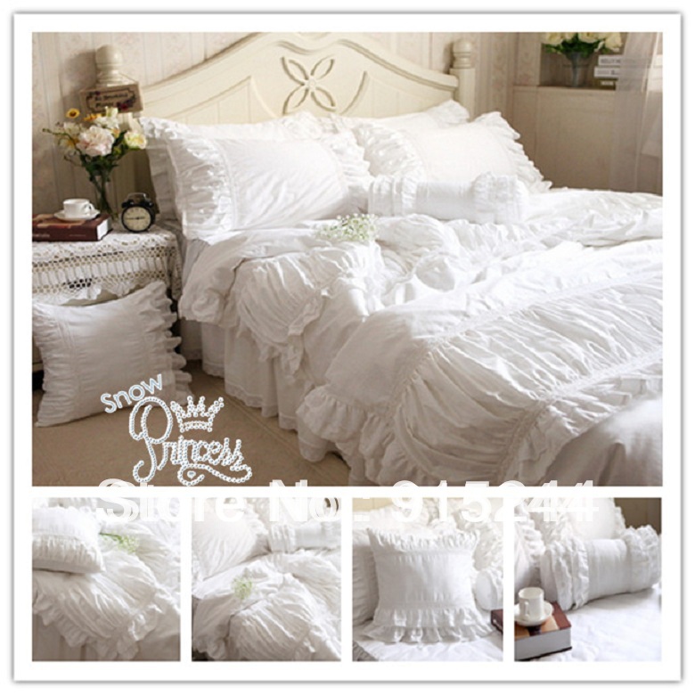 White Ruffle Wedding Queen Bedding Set King Size Pink Lace Rustic