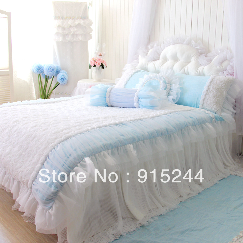 Pink Ruffle Princess Cotton Duvet Cover Wedding Bedding Set Queen