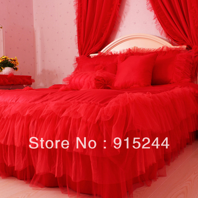 Pink Ruffle Princess Cotton Duvet Cover Wedding Bedding Set Queen