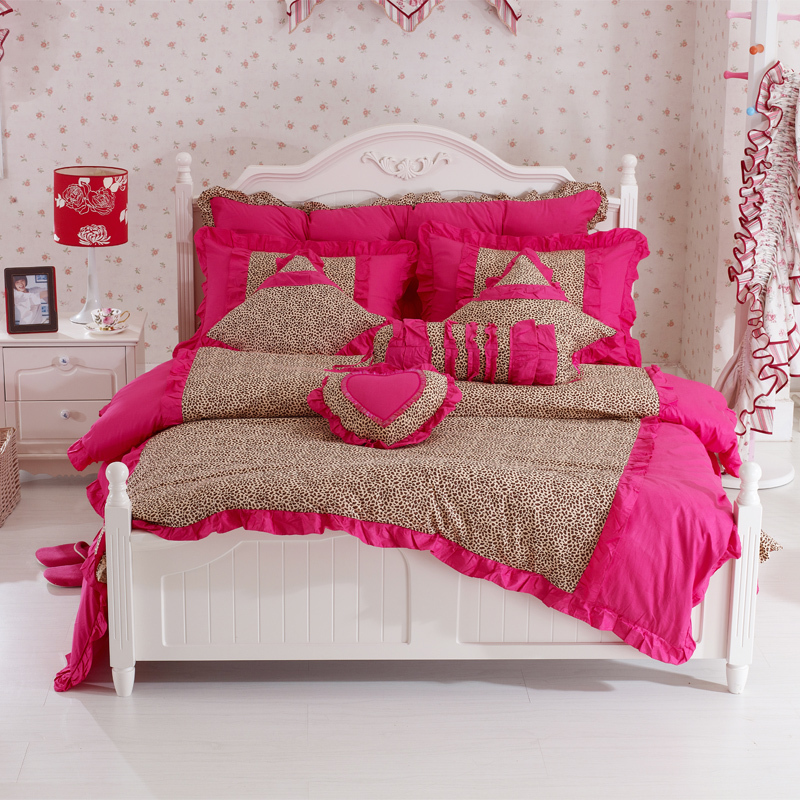 Pink Ruffle Princess Cotton Duvet Cover Wedding Bedding Set Queen