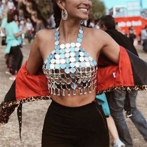 Akyzo Metal Acryl Fringe Chain Camis Backless Bralette Tank Tops Zomer Women Sexy Fish Scales Beach Club Poolin Tops 210401
