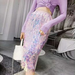 Akyzo Scarkly Sequins Jirts pour femmes taille élastique paillette de franges colorés