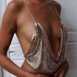 AKYZO Dames Sexy Metal Sequined Tank Camis Zomer Goud Zilver Backless Cropped Glitter Beach Club Show Wear Tops 220325