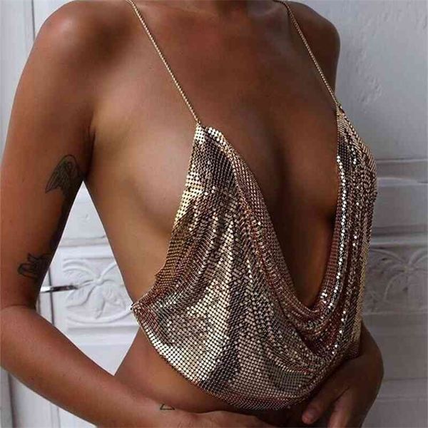 AKYZO Mujeres Sexy Metal Sequined Tank Camis Verano Oro Plata Sin espalda Recortada Glitter Beach Club Show Wear Tank Tops 210401