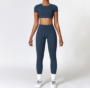 Al Women Yoga Crop Top + Pant Two Piece Set Solid Color Gril Golf Tennis Pant + Korte mouw met fitness Running TZ8519