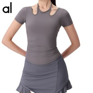 AL T-shirt de yoga pour femmes, couleur unie, façonnant la taille, séchage rapide, T-shirt de sport, course à pied, jogging, vêtements de sport avec trous pour les pouces, tenue de yoga