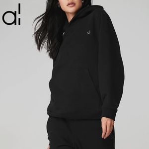 AL Yoga Sweat à capuche épais double prise en polaire chaude surdimensionnée avec logo 3D argenté sur la poitrine, jogging ample, vêtements de sport