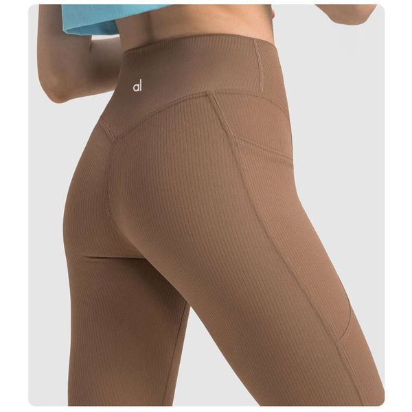 AL Yoga Leggings 2024 nouveau rayé fil poche Yoga pantalon femmes taille haute pêche hanches élastique minceur sport Fitness serré