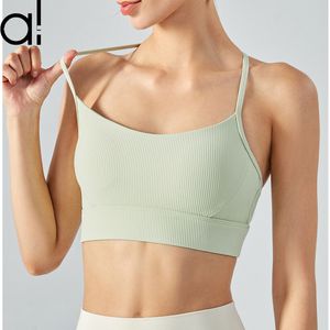 AL YOGA RIBBED BRA SPORTS T-STRAP TANK TOP DONEN SCHOUDERKAND Strak Fit Camisole Vest Fitness Dans T-shirt Dames Sneldroge hardloopoefening Sweattops met borstkussen