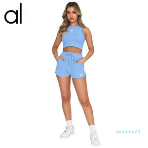 AL-Conjunto de Yoga para mujer, novedad de verano, pantalón corto informal, Camiseta deportiva sin mangas, chaleco y pantalones cortos con cordón, traje de Fitness