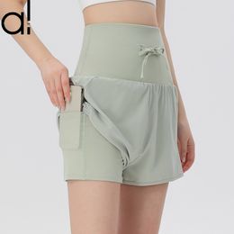 AL Yoga Shorts Drawcords de alto nivel de cadera seca de alto rise Sports Short Baseball Tennis Fitness Running Women Los nuevos y cómodos pantalones de baile con bolsillos internos ocultos