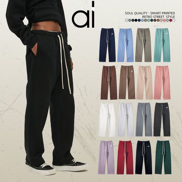 AL Yoga Calça de moletom de perna reta com aquecimento de pelúcia e calça jogger de cintura alta vestível, pesada, desleixada, com cordão, roupas esportivas masculinas, femininas, streetwear com bolsos