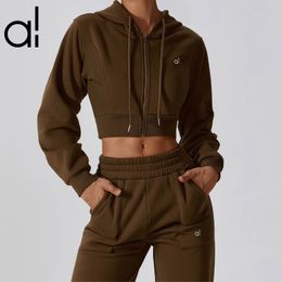 AL Trajes de yoga Microchaqueta 3D Sudaderas recortadas + Pantalones de chándal Sudaderas con capucha gruesas con cremallera completa Línea de ruptura Ropa de calle relajada Jogger Ropa deportiva Pantalones deportivos con linterna