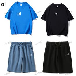 Al0 Yoga Set groot shirt shirt korte mouwen top heren trekkoord shorts losse half mouwen dames paar schouder veelzijdige vaste kleur t-shirt al close gewicht zweet broek