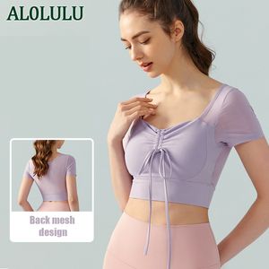 AL0LULU – haut de sport en maille Patchwork avec Logo pour femmes, haut de Yoga court rembourré