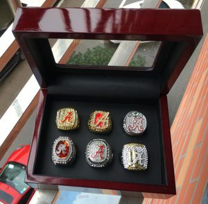 Alabama 6PCS Crimson Tide SABAN National Football Team Championship Ring met houten displaydoos Souvenir Mannen Fan Gift 2019 2020 Groothandel