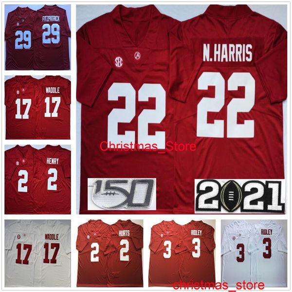 Maillot Alabama Crimson Tide College 22 Najee Harris 17 WADDLE 2 HENRY 3 RIDLEY cousu 13 Tu. Tagovailoa blanc rouge