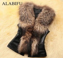 Alabifu Women Pu Leather Faux Fur Coat 2019 Casual plus size mouwloze faux vossen kraagvest winterjas jas vrouwen 4xl y2006925683