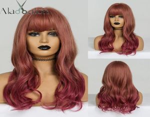 ALAN EATON Ombre brun rouge perruque longue ondulée perruques synthétiques avec frange pour les femmes noires résistant à la chaleur perruque Lolita Cosplay6446257