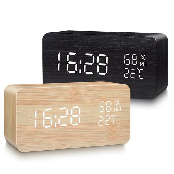 Réveil LED numérique en bois, alimenté par USB/AAA, montre de table avec température et humidité, commande vocale, horloge de bureau électronique Snooze 240110
