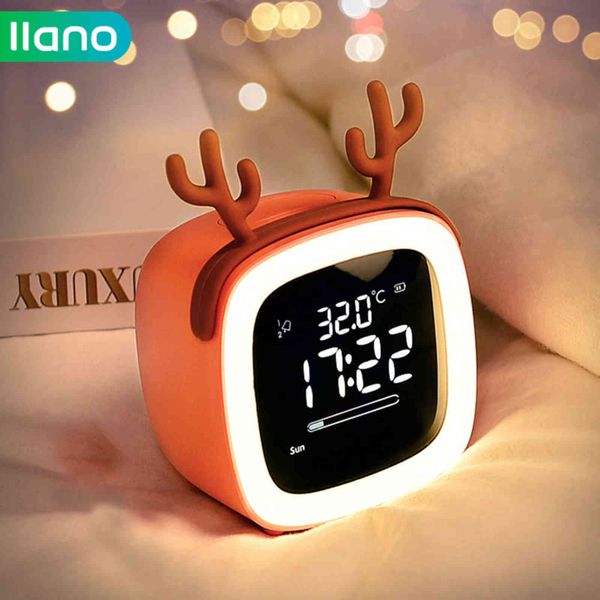 Réveil veilleuse mignon dessin animé numérique LED Snooze pour enfants enfant USB batterie rechargeable bureau bureau Table réveil 211112