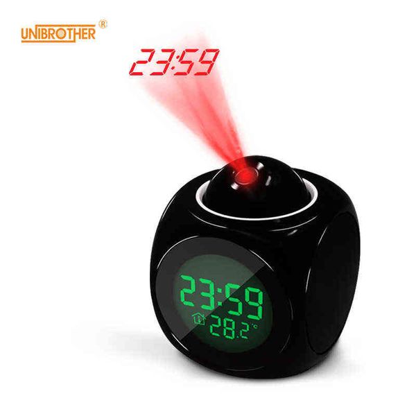 Reloj despertador Luz nocturna para lámpara de proyector Temperatura de voz Proyección de tiempo digital en techo de pared para decoración de mesa de dormitorio 211111