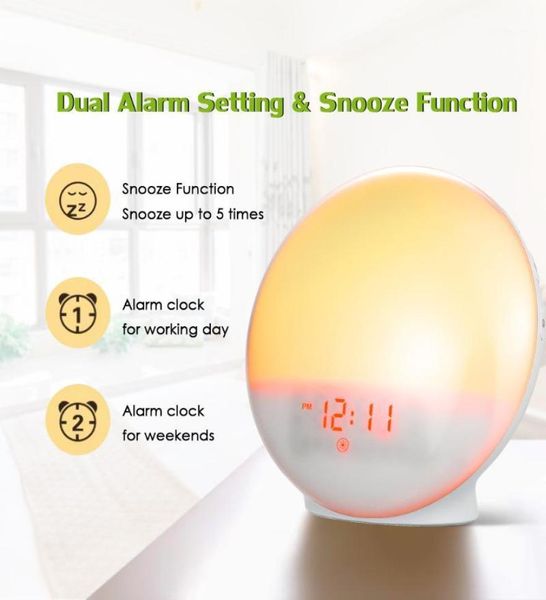 Despertador con luz Led para despertar, lámpara de noche natural, reloj Digital, luz colorida del amanecer con sonidos naturales, Radios Fm 13838555