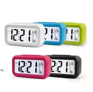 Alarme plastique muet horloge LCD température intelligente mignon photosensible chevet alarmes numériques horloges Snooze veilleuse calendrier s s