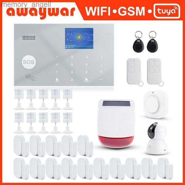 Systèmes d'alarme Awaywar Tuya système d'alarme 433 MHz sans fil WIFI GSM RFID kit de sécurité APP télécommande cambrioleur maison intelligente PIR détecteur de porte YQ230927