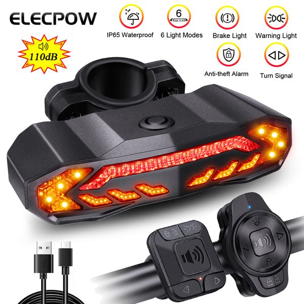 Sistemas de alarma Elecpow Bicicleta antirrobo Luz trasera IP65 Carga USB a prueba de agua Scooter Bicicleta Lámpara trasera Señal de giro Advertencia Luz de freno automático 221101