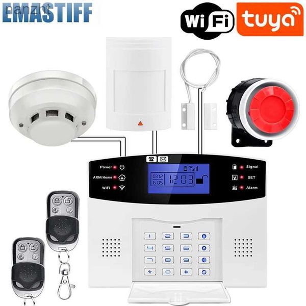Systèmes d'alarme Tuya WiFi GSM Système d'alarme 433MHz Home Falle Sécurité Alarme sans fil Détecteur de la porte de porte fumée Capteur TUYA IP CAMERA WX
