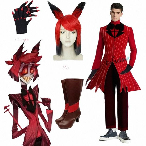 Alastor Cosplay Hazbin Anime Cosplay Costume perruque oreilles hôtel chaussures accessoires Halen fête uniforme hommes femmes veste rouge Costume A13t #