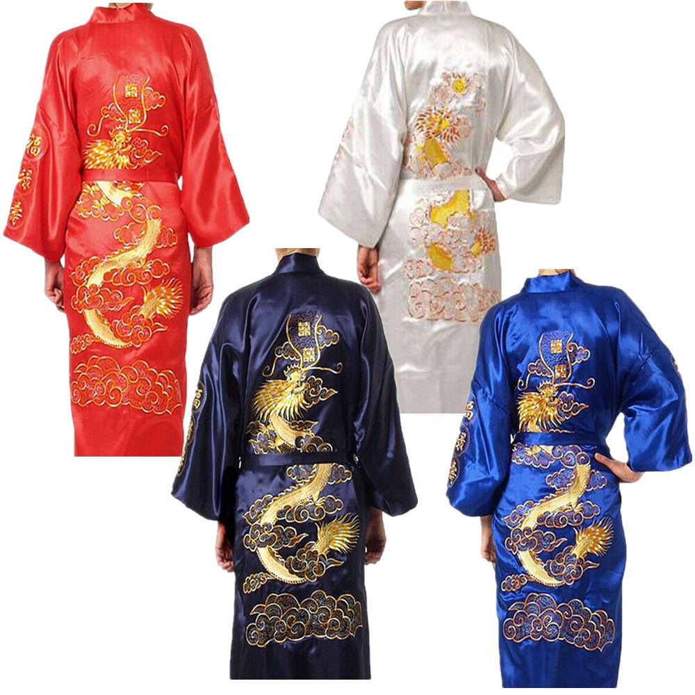 Dressing Night GOWN Kimono Japanese Embroidered Dragon Silk Satin Dark Blue