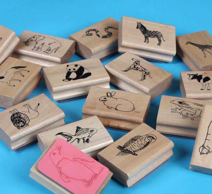 New 16 XANIMAL Wooden Stamps Self Inking,Kids Crafts,Party Favours